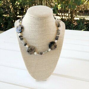 NWT Genuine Black Agate & Pearls Beaded Necklace Black Gray White